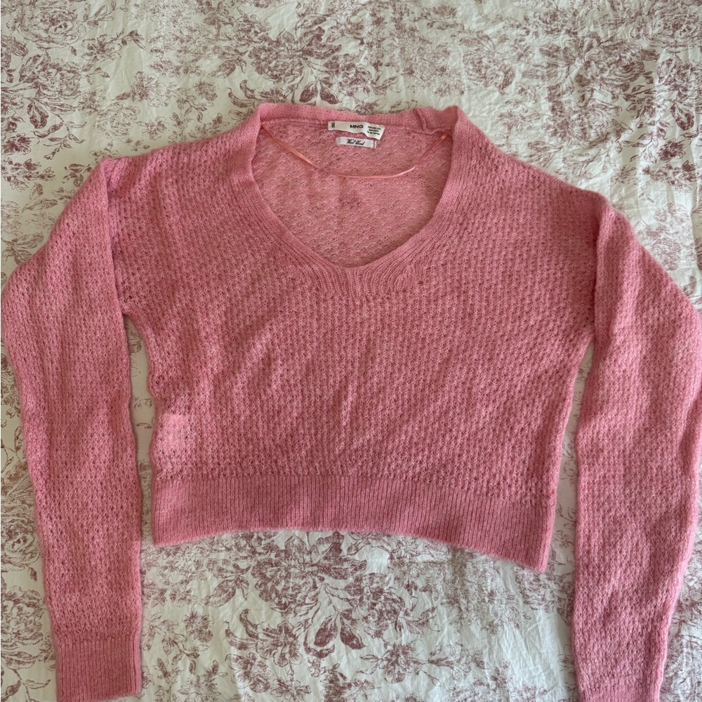 Pink V-Neck Cropped Knit Sweater